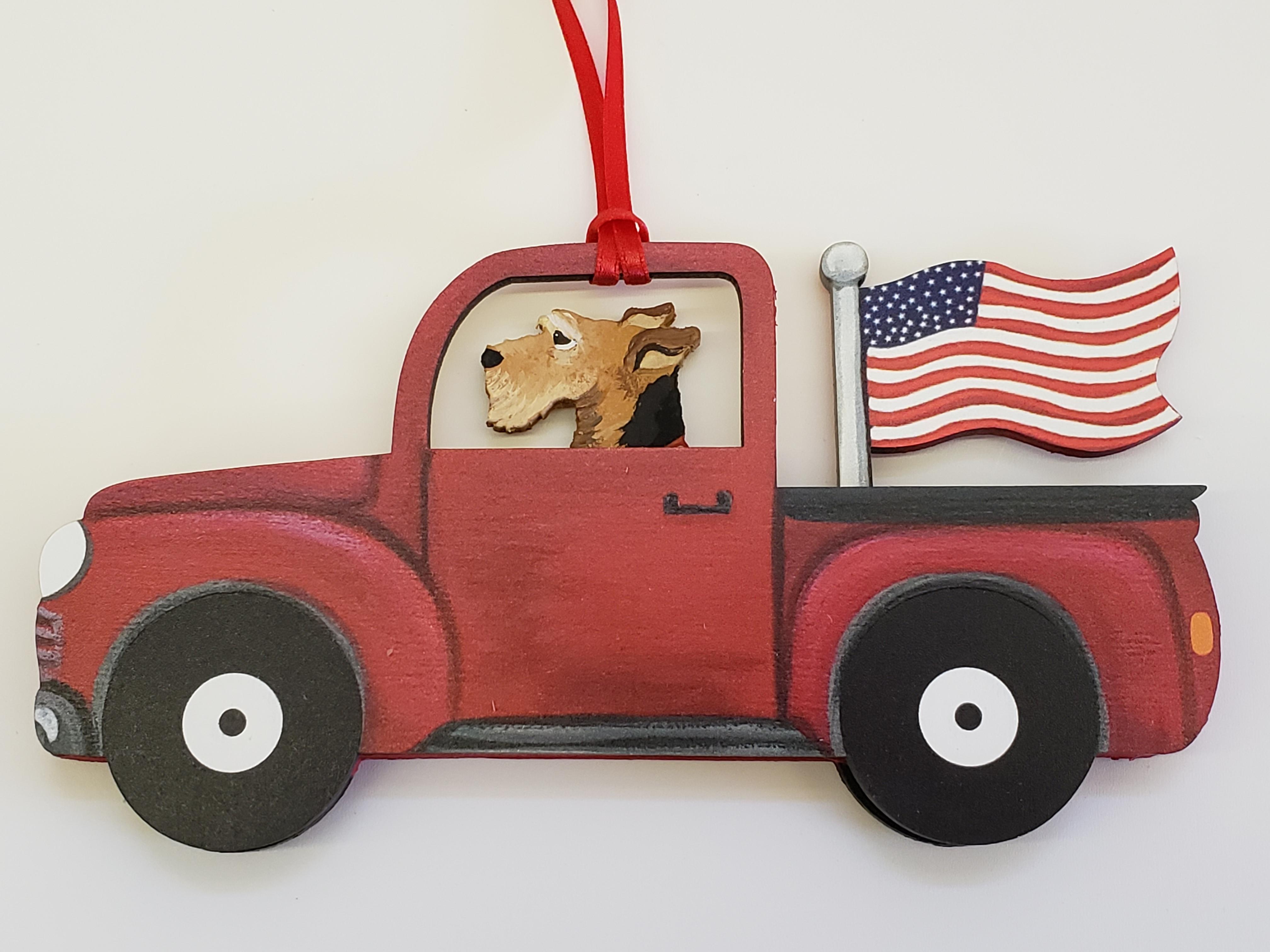 Red Truck Dog Breed Ornament with USA Flag