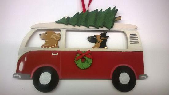 Holiday Houndswagen Bus Dog Breed Ornament featuring two dogs