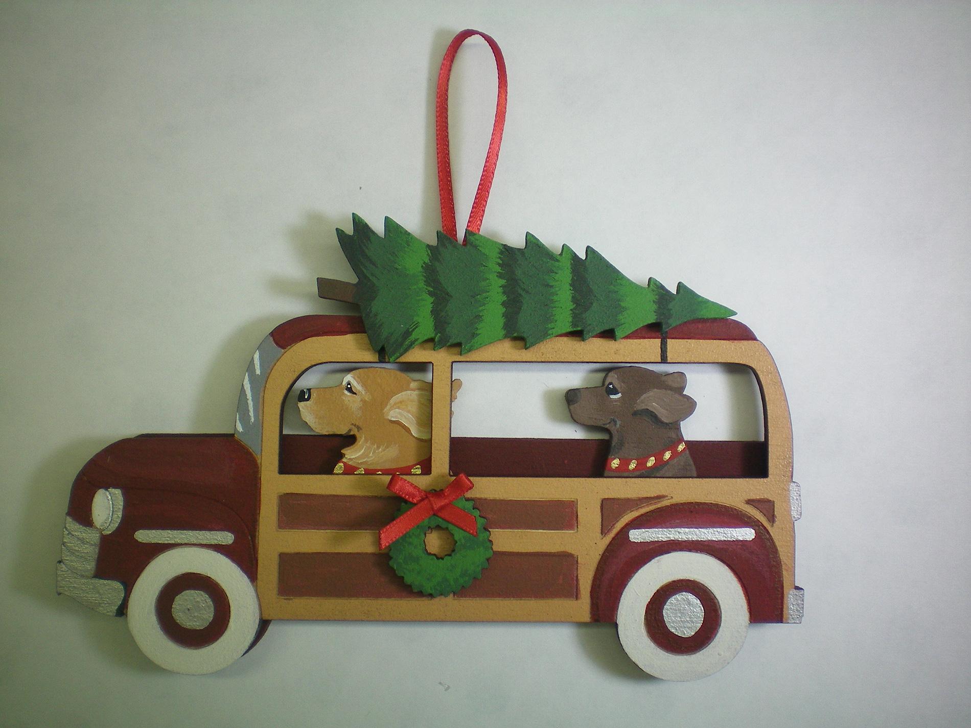 Holiday Dark Red Woody Wagon Dog Breed Ornament featuring two dogs