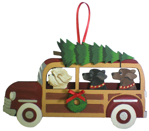Holiday Dark Red Woody Wagon Dog Breed Ornament  featuring  three dogs