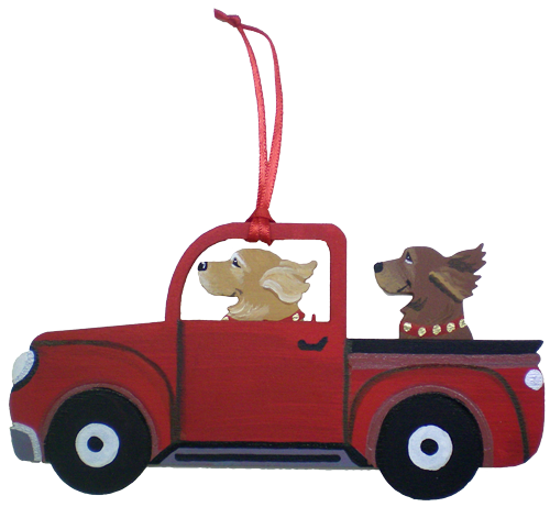 Red Truck Dog Breed Ornament featuring two dogs