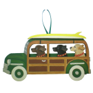 Green Woody Wagon with Surfboard Dog Breed Ornament featuring three dogs