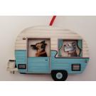 BLUE RETRO CAMPER. 2 DOG