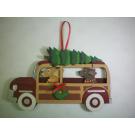 Holiday Dark Red Woody Wagon Dog Breed Ornament featuring two dogs